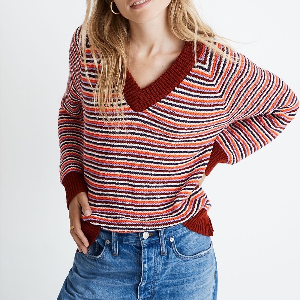MADEWELL Arden V-Neck Crop Pullover Sweater in Stripe 100% Cotton Size Small
